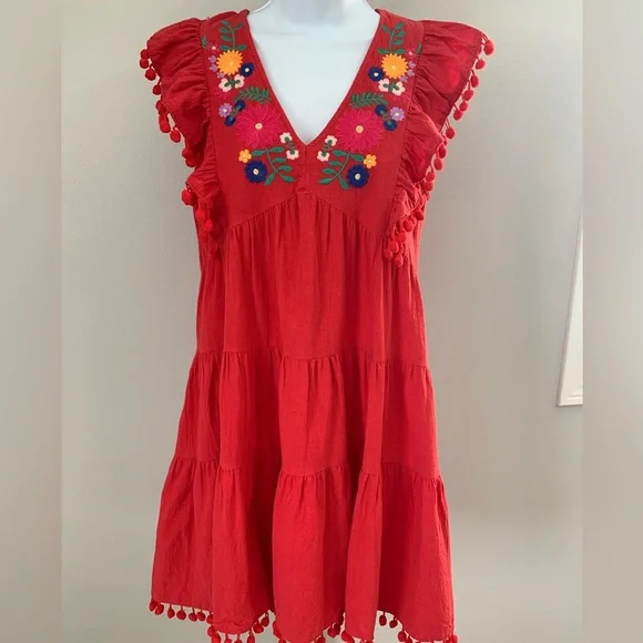 Umgee Red Embroidered Dress with Floral Details - Picture 1 of 16